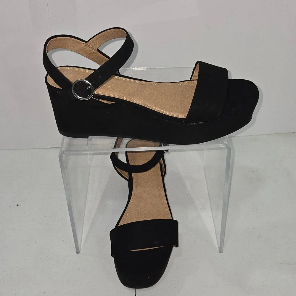 ASOS Shoes Womens 7 Black Faux Suede Platform Wedge Sandals Ankle Strap AC678